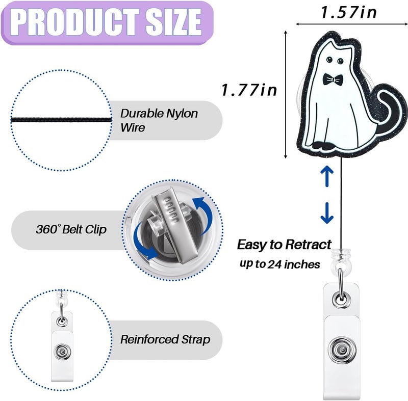 Bydevia Funny Ghost Black Cat Halloween Badge Reel Retractable, Fall Badge Reel for Nurse Nursing RN MA CNA LPN Medical Worker & Teacher, Spooky Cat Badge Holder with Alligator Clip & 24” Durable Nylon Cord - Image 2